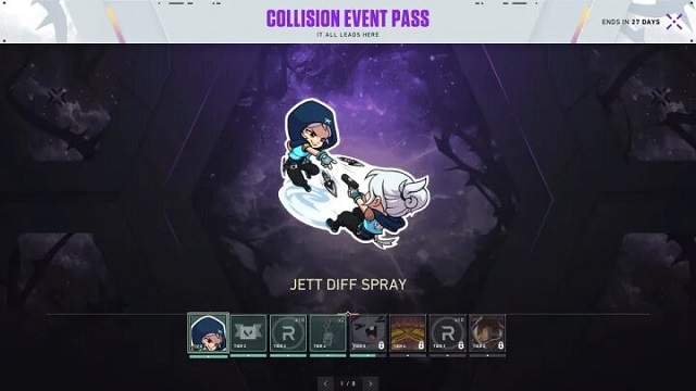 Rewards in the Valorant Collision Event Pass Jett Diff spray 